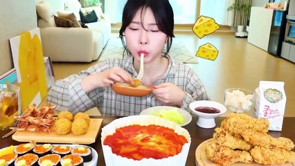 ASMR MUKBANG Spicy Cheese Tteokbokki, Cheese ball, Fried Chicken, Carrot Kimbap, French fries.