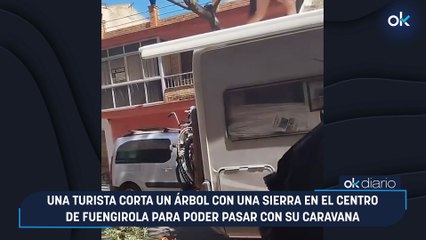 Una turista corta un árbol con una sierra en el centro de Fuengirola para poder pasar con su caravana