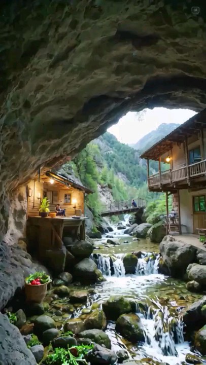 Scenic Cave Retreat with Wooden Cabins, Waterfalls, Footbridge, Mossy Rocks, Lush Greenery, and Vibrant Red Peppers in Basket.#reelit#viral#trending#resort#room#home#house#bedroomoasis#lounge#courtyard#terrace#raining#cozy#tourism