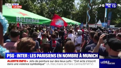 Ligue des Champions: les supporters parisiens mettent l'ambiance dans la fanzone du PSG à Munich avant la finale face à l'Inter