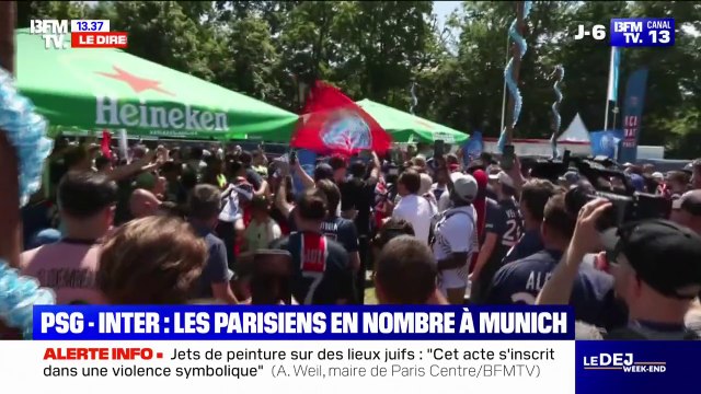 Ligue des Champions: les supporters parisiens mettent l'ambiance dans la fanzone du PSG à Munich avant la finale face à l'Inter