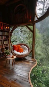 Resort Lounge Reading Nook with Wicker Chair, Forest View, Arched Window, Wooden Accents, and Soothing Rain Ambience.#short#shorts#unwind#escape#tranquility#followforfollowback