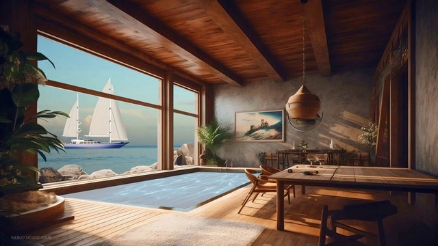 Wonderful luxurious living corner with swimming pool overlooking the sea