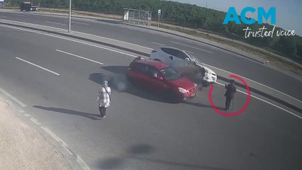 Pedestrian dodges death in shocking highway near miss caught on camera
