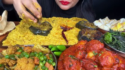 ASMR EATING KICHDI,BAINGAN FRY,EGG FRY,VEGETABLE FRY,SHAK,PAPAD _FOOD VIDEOS_