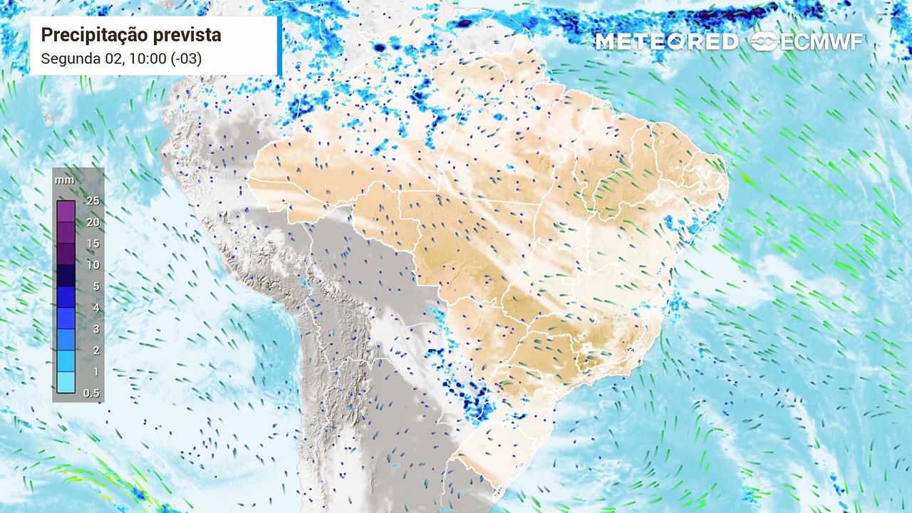 Segunda-feira, 02 de junho: Previsão de nebulosidade e de chuva sobre o Brasil mostra a formação de instabilidades sobre o Sul, Sudeste e Centro-Oeste.