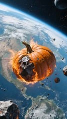 "Le potiron enflammé traverse l'espace !"  🤯**Accroche :**  "Imaginez une citrouille transformée en météore incandescent, flottant à travers le vide cosmique parmi les étoiles… Une scène incroyable ! 🔥🎃🚀"