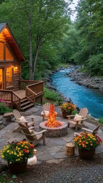Forest Cabin Escape with Flowing River, Warm Fire Pit, Colorful Flowers, and Serene Nature for Peaceful Evenings.#short#shorts#shortvideo#reelit #reelfacebook #viral#trending#resort#room#home#house#bedroomoasis#lounge#courtyard#terrace