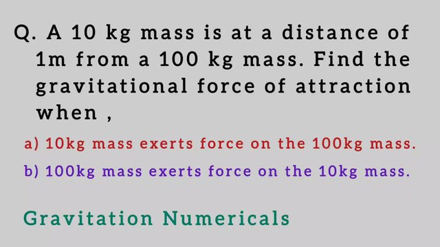 A 10kg mass is at a distance of 1m from a 100kg mass.Find the gravitational force of attraction when a) 10kg mass exerts force on the 100kg mass b) 100 kg mass exerts force on the 10kg mass