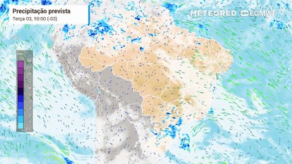 Terça-feira, 03 de junho: Mapa de precipitação e nebulosidade até quinta-feira mostra o deslocamento de chuvas sobre o Sul do Brasil..