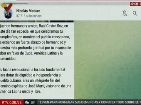 Pdte. Nicolás Maduro felicita al General del Ejército Raúl Castro Ruz con motivo de su cumpleaños