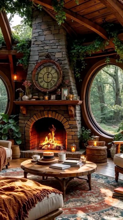 Rustic Woodland Retreat Room with Stone Fireplace, Beamed Ceilings, Antique Accents, Cozy Furnishings, and Lush Natural Greenery Touches.#short#shorts#shortvideo#reelit #reelfacebook #viral#trending#resort#room#home#house