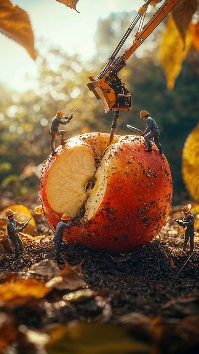 Little People - Harvesting Fruits🍎 Pt.3__Ever wondered what it takes to harvest giant fruits_ Watch as little workers use epic machines and tools to slice_ peel_ and collect nature_s sweetest treasures_ 🍏🚜✨__ai _aiart _visual _visualart