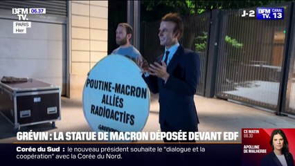 La statue d'Emmanuel Macron, volée au musée Grévin, restituée par Greenpeace devant le siège d'EDF