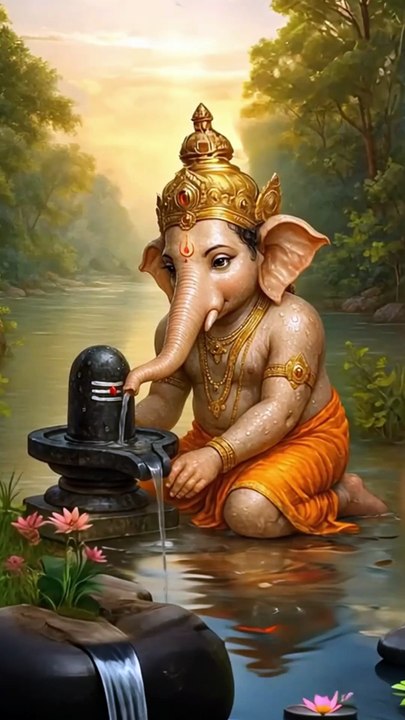 Divine Serenity: Lord Ganesha Worshipping Shiva Lingam by the Riverbank