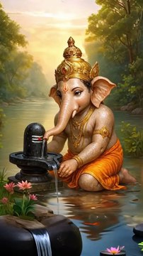 Divine Serenity: Lord Ganesha Worshipping Shiva Lingam by the Riverbank