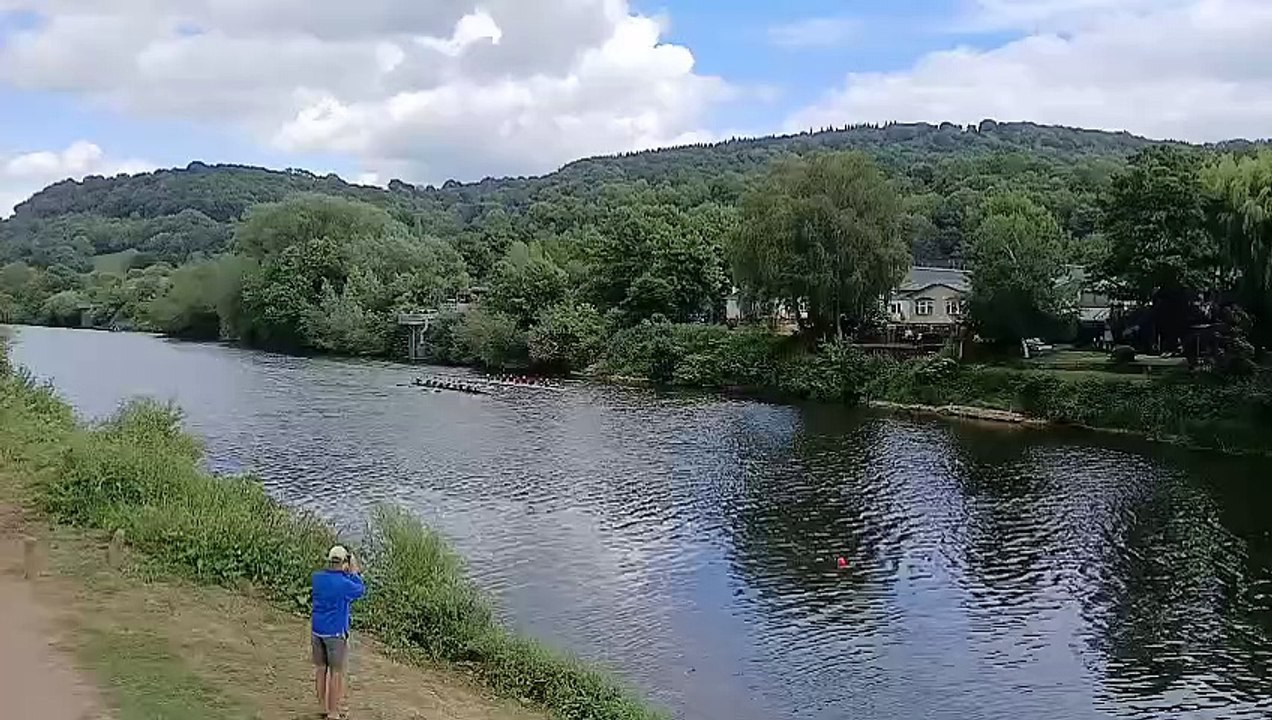 Monmouth Rowing Club's masters reunion 8 row down Cardiff University to win the open sprint 8s at Monmouth Regatta