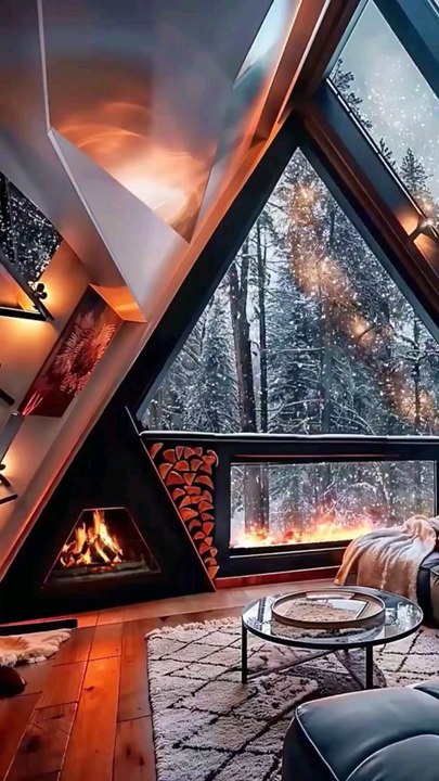 Stylish Winter Resort Interior with Triangular Window, Cozy Fireplace, Snowy Forest View, Warm Lighting, Neutral Tones, and Modern Decor.#short#shorts#shortvideo#reelit #reelfacebook