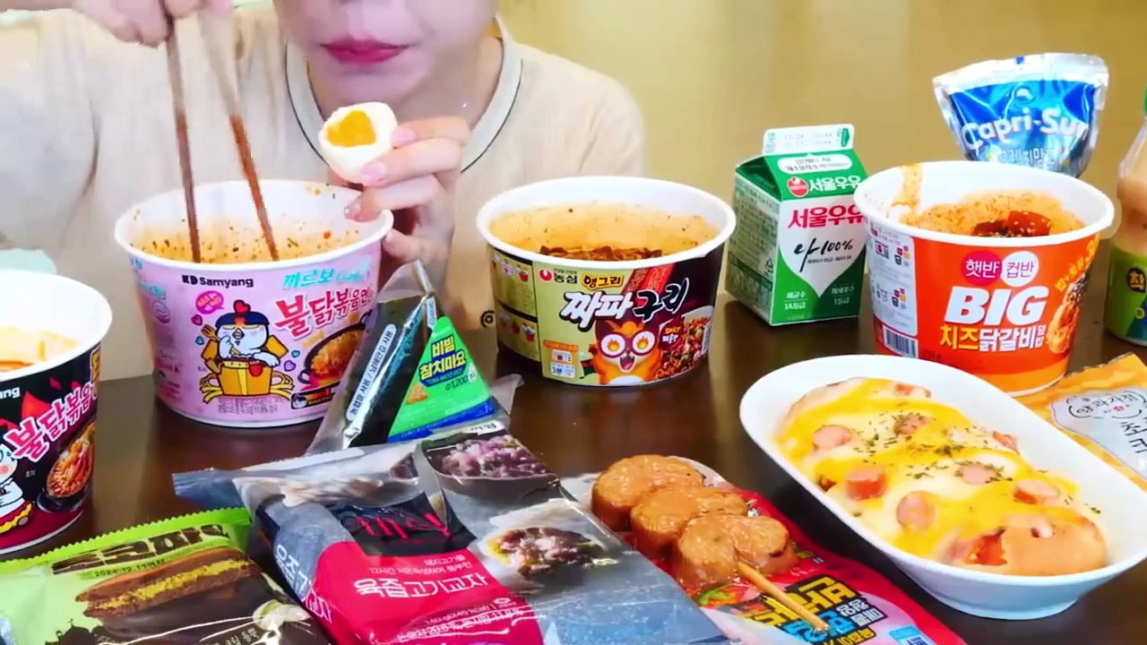ASMR MUKBANG Convenience store! Carbonara Fire Noodles, Fire Spicy Ramyun, Black bean noodles.