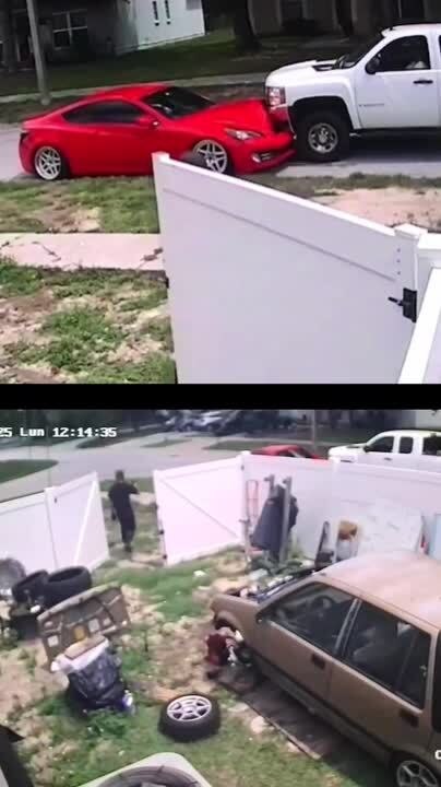 White Pickup Truck Crashes Into Red Sports Car and Flees