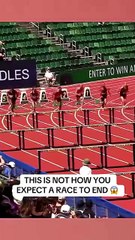 Elle termine son 100m Haie en roulade et gagne la course