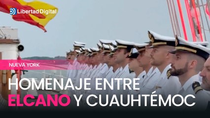 La dotación y guardiamarinas del 'Juan Sebastián de Elcano' rinden homenaje a la tripulación del buque 'Cuauhtémoc' en Nueva York