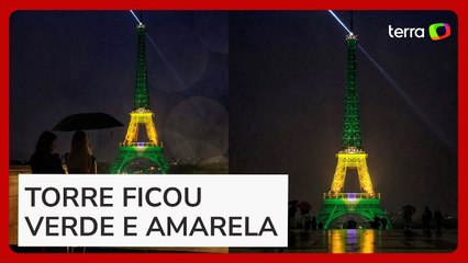 Torre Eiffel é iluminada de verde e amarelo durante visita de Lula a Paris