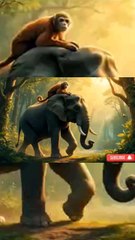 monkey rides a elephant in middle of the beautiful jungle