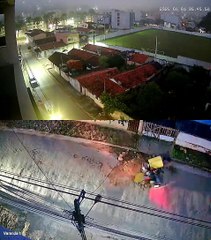 Motociclista bate em placa de sinalização de obra e cai em buraco