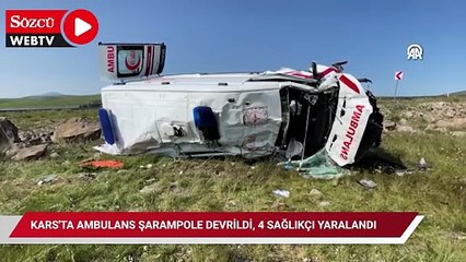 Kars'ta ambulans şarampole devrildi, 4 sağlıkçı yaralandı