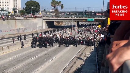 Anti-ICE Protesters Face Off Against LAPD Officers On The 101 Freeway In Los Angeles, California