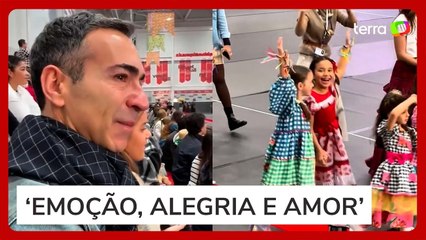 César Tralli cai no choro ao ver apresentação da filha na festa junina
