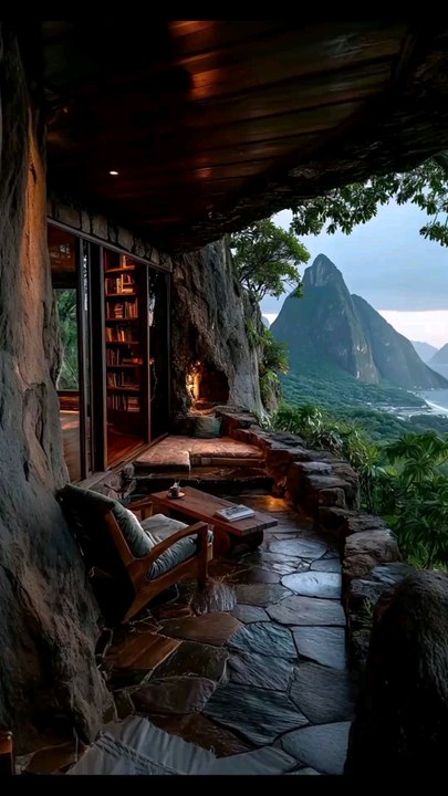 Mountain Lounge with Stone Patio, Wooden Furniture, Glass Doors, Lush Greenery, Ocean View, and Sunset Mountain Vistas.#short#shorts#shortvideo#reelit #reelfacebook #viral#trending#resort#room#home