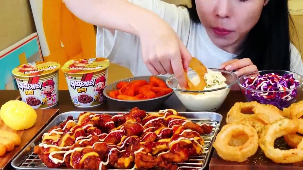 ASMR MUKBANG Black bean Noodles, Seasoned Chicken, Fried Onion rings, Cheese sticks.