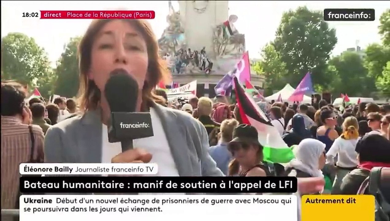 Manif pro-palestinienne de LFI à Paris : Les images de la journaliste Eléonore Bailly de France Info, violemment agressée en plein direct hier soir, par un manifestant aux cris de "fachos