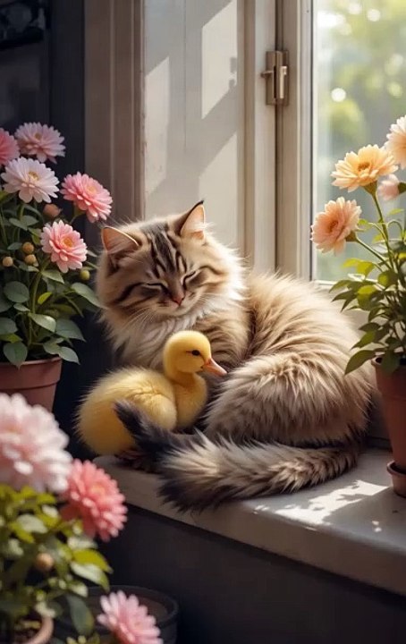A curious kitten watching a duck swim in a small pond, with lily pads and dragonflies floating around.