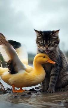 A mischievous cat and duck splashing in a muddy puddle, laughing together under a gray sky.