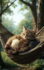A sleepy duck resting on a cat's back as they both lounge in a hammock strung between two trees.