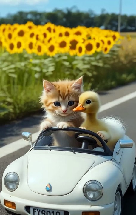 kitten and duckling in a toy car, cruising down a country road with wind in their fur and feathers.