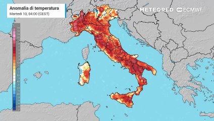 Martedì 10 giugno 2025, andamento anomalia termica