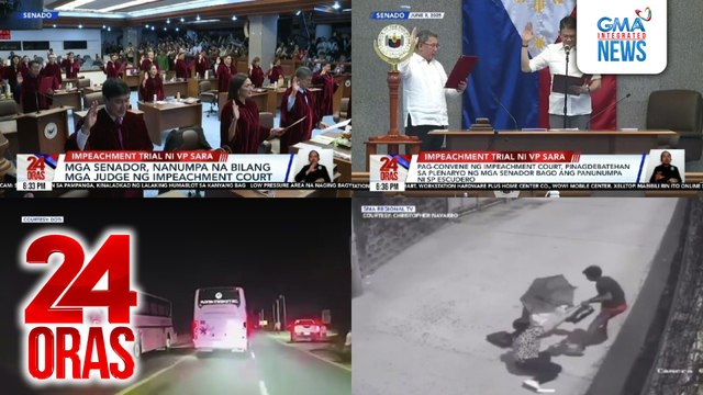 24 Oras: (Part 1) Mga senador, nanumpa na bilang mga judge ng impeachment court; mosyon ni Sen. Dela Rosa: I-dismiss ang impeachment complaint vs VP Duterte; kumpanya ng 6 na bus na tila nagkarera, pinagpapaliwanag; 15 bus nito suspendido, atbp.