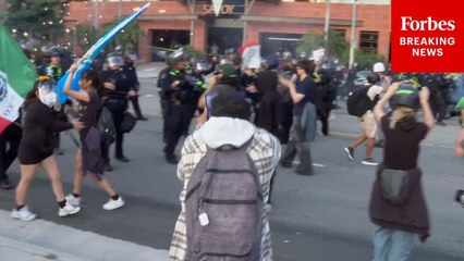 Fireworks Are Thrown During Standoff Between Anti-ICE Demonstrators And LAPD Officers In Los Angeles
