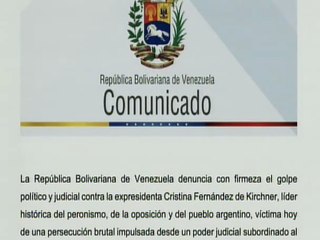 Venezuela denuncia el golpe "político y judicial" contra la expresidenta Cristina Fernández