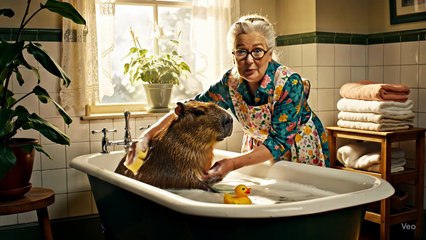 Old woman bathes giant capybara