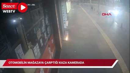Otomobilin mağazaya çarptığı kaza kamerada