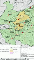Map of Palaung Self-Administered Zone. Peta Zona Administrasi Mandiri Pa Laung. Palaung Self-Administered Zone Map. ပလောင်ကိုယ်ပိုင်အုပ်ချုပ်ခွင့်ရဒေသမြေပုံ. Carte de la zone auto-administrée de Palaung.Mapa da Zona Autoadministrada de Palaung. パラウン自治区の地図