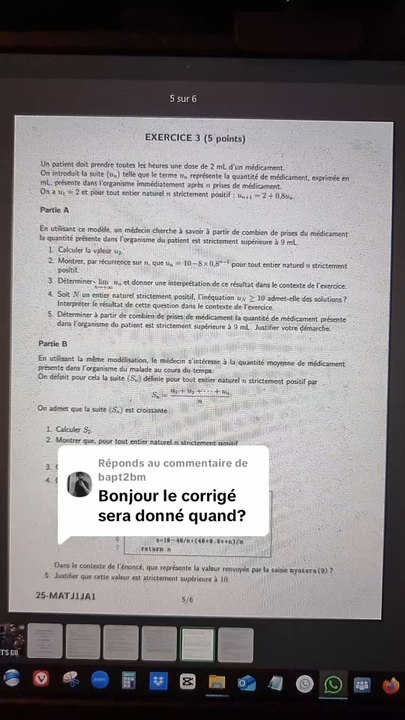 Correction du Sujet Bac de Maths Asie Jour 1 2025 tombé le 11/06/25.Exercice 3 sur les suites.Avec du calcul de limite, du python, une formule de sommation et des inéquations.#bac #bac2025 #corrige #correction #suite #limite #spemaths