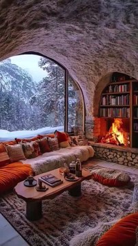 Winter Lounge with Mountain Views, Rustic Stone Interior, Warm Textiles, Roaring Fireplace, and Inviting Cozy Seating Spaces.#short#shorts#shortvideo#reelit #reelfacebook #viral#trending#resort#room#home#house#bedroomoasis#lounge