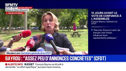 Budget 2026: la CFDT "n'est pas dupe", assure Marylise Léon après la prise de parole de François Bayrou devant le syndicat