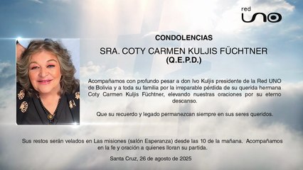 La Red Uno de Bolivia lamenta el fallecimiento de la Sra. Coty Carmen Kuljis Fuchtner
